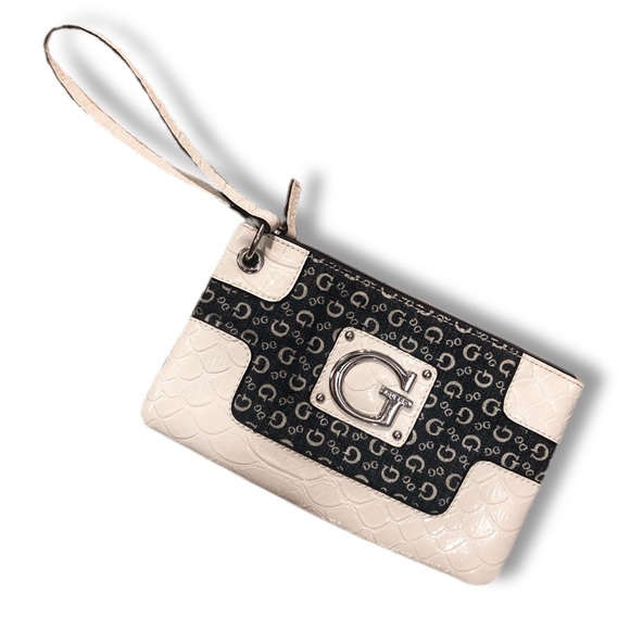 Y2K VINTAGE GUESS MONOGRAM DENIM/WHITE LEATHER 2000’s WRISTLET CLUTCH - Picture 3 of 4